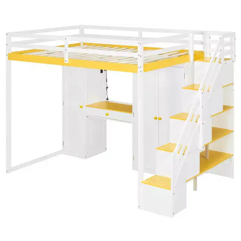 Cama alta doble con escalera de almacenamiento, tocador incorporado con espejo y cajón, armario