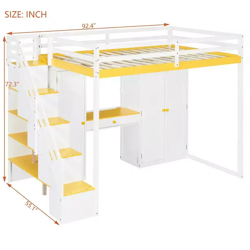Cama alta doble con escalera de almacenamiento, tocador incorporado con espejo y cajón, armario