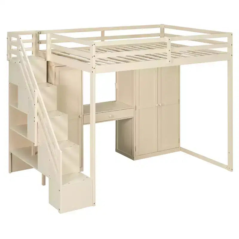Cama alta doble con escalera de almacenamiento, tocador incorporado con espejo y cajón, armario