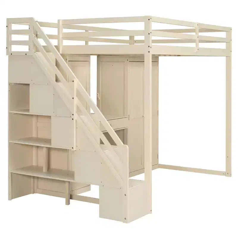 Cama alta doble con escalera de almacenamiento, tocador incorporado con espejo y cajón, armario