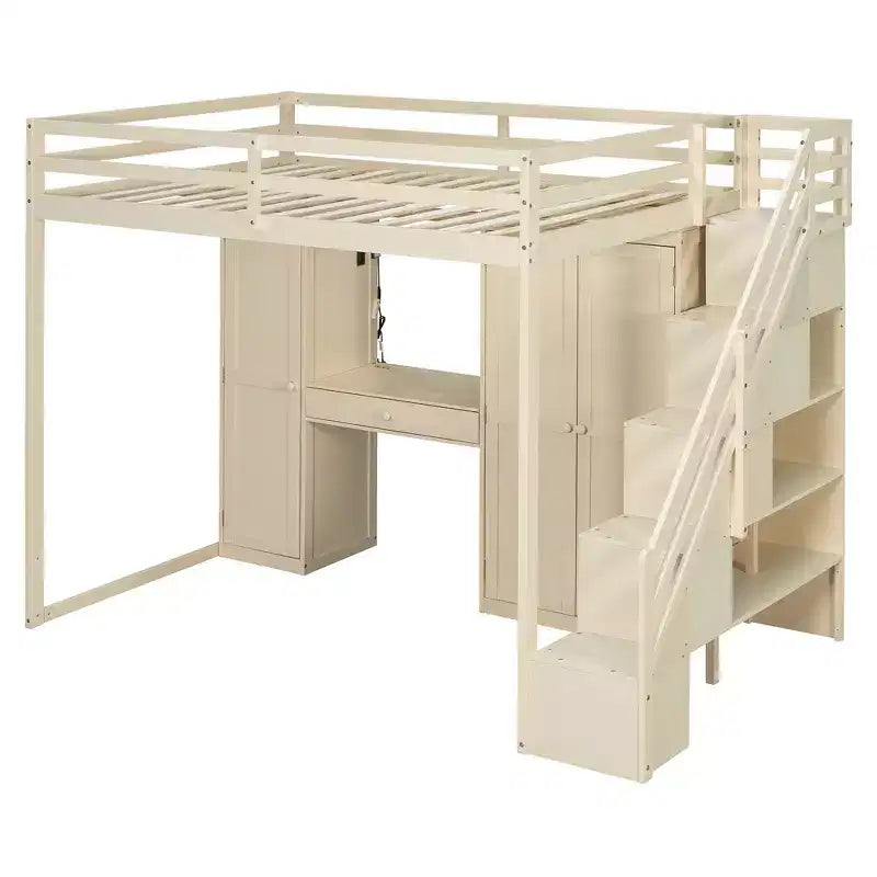 Cama alta doble con escalera de almacenamiento, tocador incorporado con espejo y cajón, armario