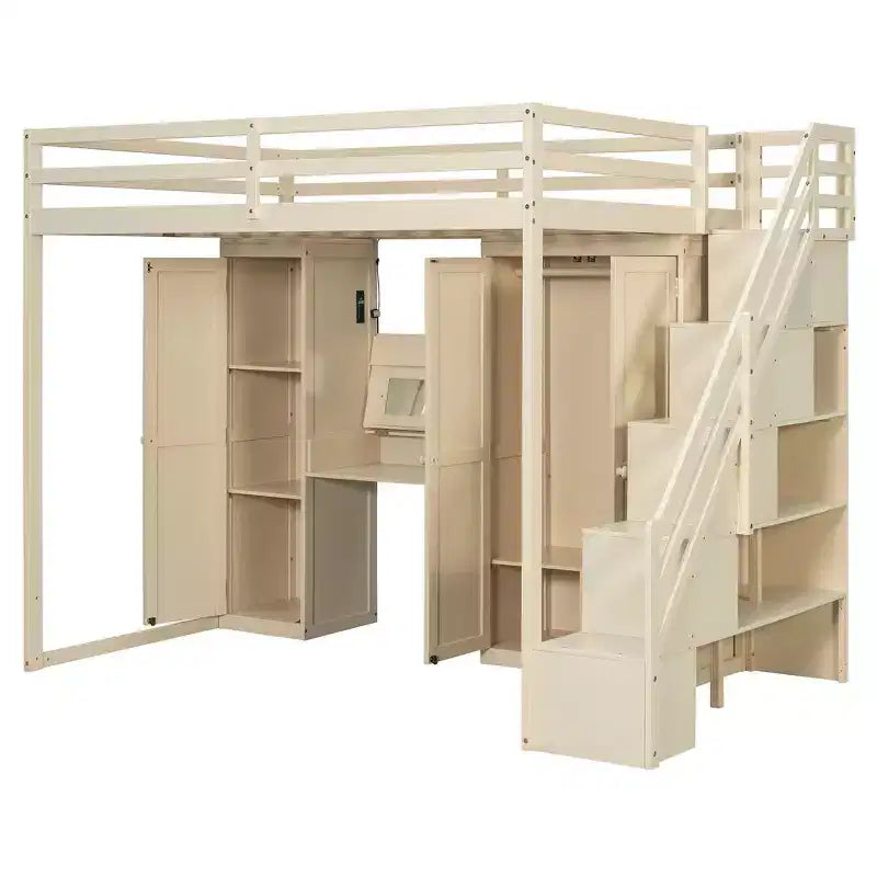 Cama alta doble con escalera de almacenamiento, tocador incorporado con espejo y cajón, armario