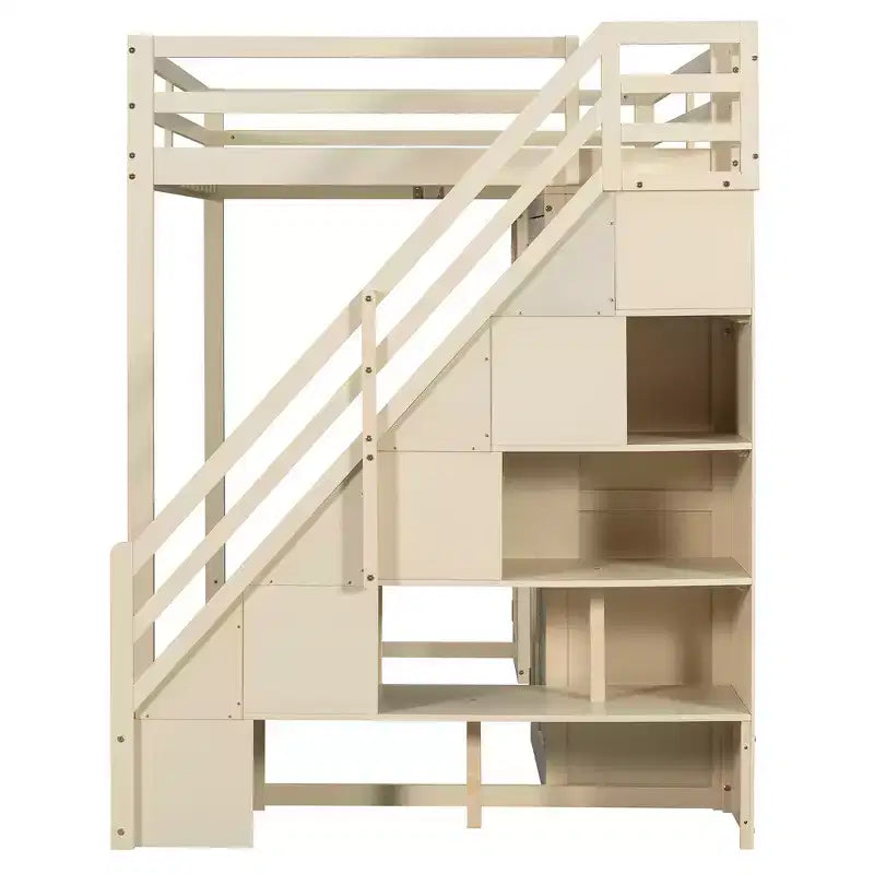 Cama alta doble con escalera de almacenamiento, tocador incorporado con espejo y cajón, armario