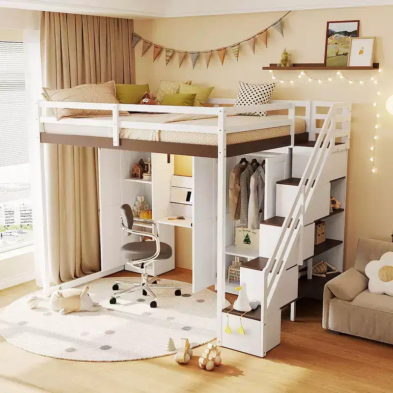Cama alta doble con escalera de almacenamiento, tocador incorporado con espejo y cajón, armario