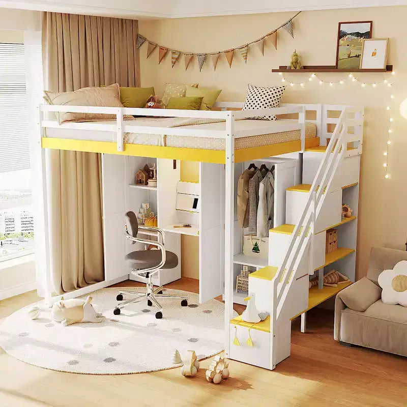 Cama alta doble con escalera de almacenamiento, tocador incorporado con espejo y cajón, armario