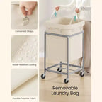 Cesto para Ropa Sucia de 170 L (45 galones) con Ruedas, con Marco de Acero y Bolsa Extraíble, 2 Ruedas con Bloqueo, Blanco Crema y Plateado Metálico
