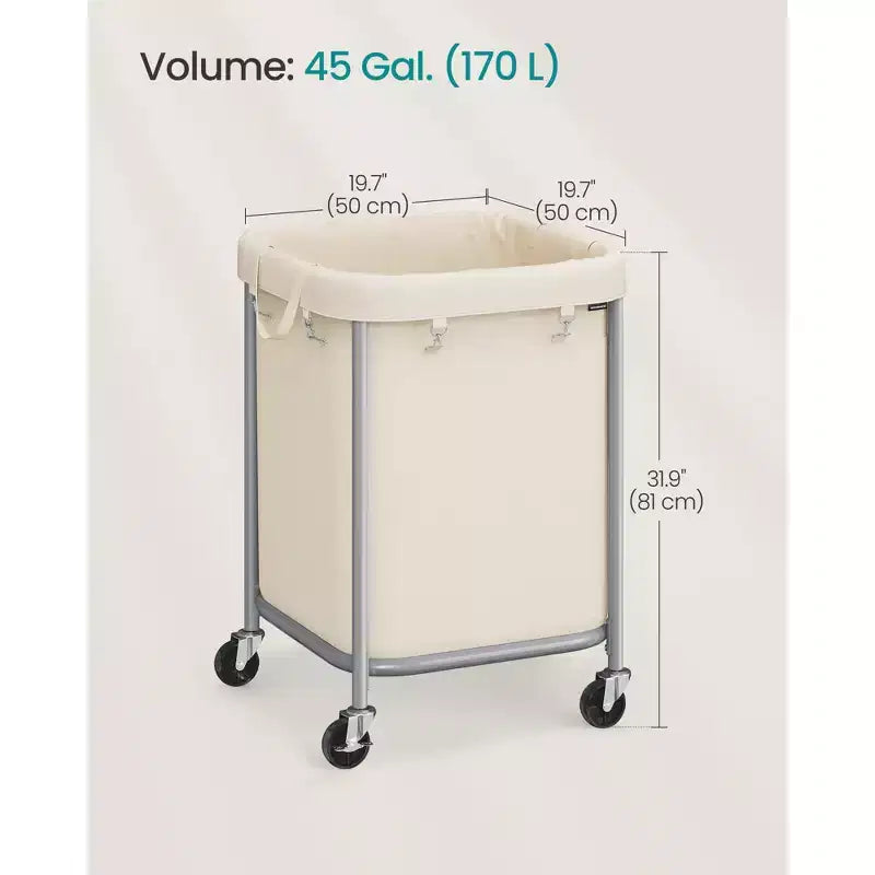 Cesto para Ropa Sucia de 170 L (45 galones) con Ruedas, con Marco de Acero y Bolsa Extraíble, 2 Ruedas con Bloqueo, Blanco Crema y Plateado Metálico