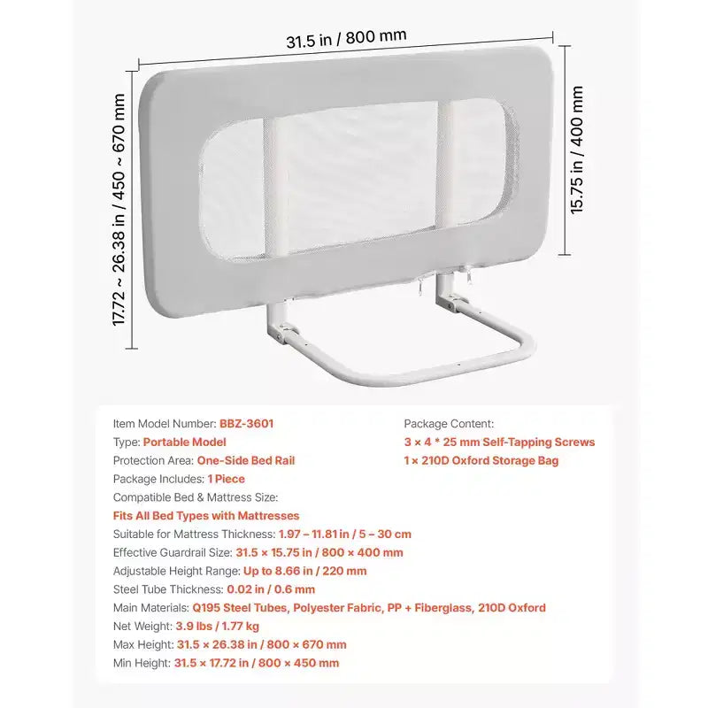 Barandilla para cama de niños pequeños, barandilla de seguridad para camas infantiles con tubo de hierro reforzado y tela Oxford, barandilla lateral de cama de altura ajustable, 1 pieza, gris