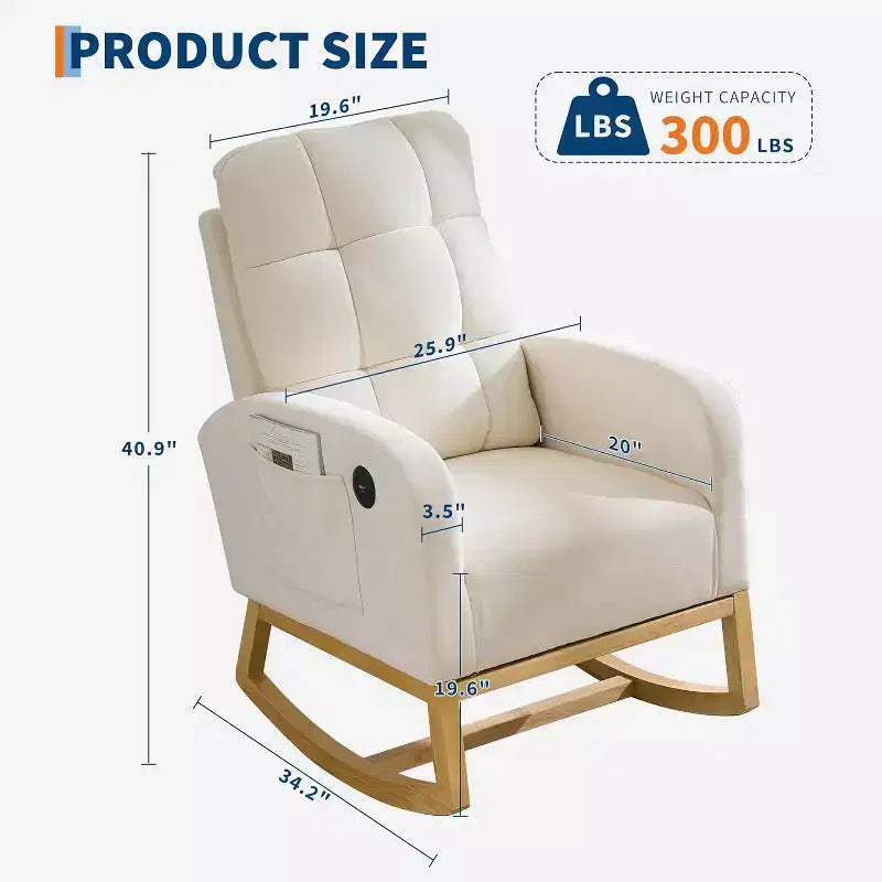 Sillón mecedora tapizado moderno para guardería, sillón planeador de bucle con respaldo alto, sillón mecedora con apoyabrazos, para sala de estar, beige