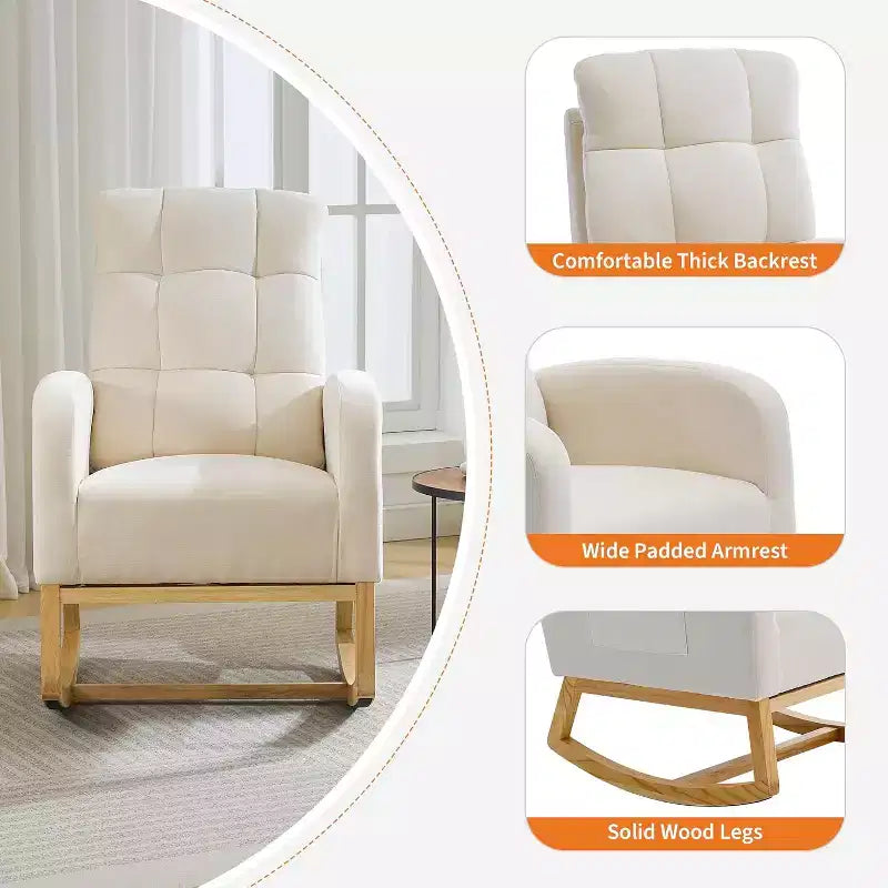 Sillón mecedora tapizado moderno para guardería, sillón planeador de bucle con respaldo alto, sillón mecedora con apoyabrazos, para sala de estar, beige