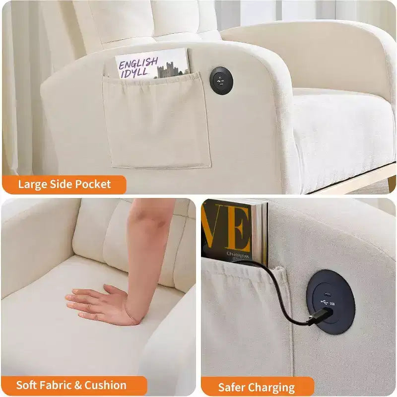 Sillón mecedora tapizado moderno para guardería, sillón planeador de bucle con respaldo alto, sillón mecedora con apoyabrazos, para sala de estar, beige