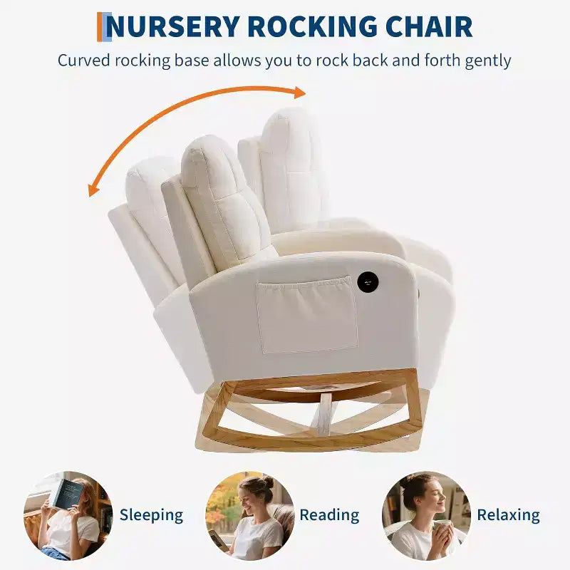 Sillón mecedora tapizado moderno para guardería, sillón planeador de bucle con respaldo alto, sillón mecedora con apoyabrazos, para sala de estar, beige