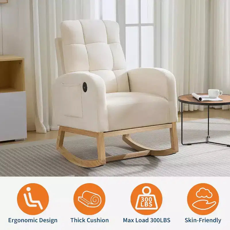 Sillón mecedora tapizado moderno para guardería, sillón planeador de bucle con respaldo alto, sillón mecedora con apoyabrazos, para sala de estar, beige