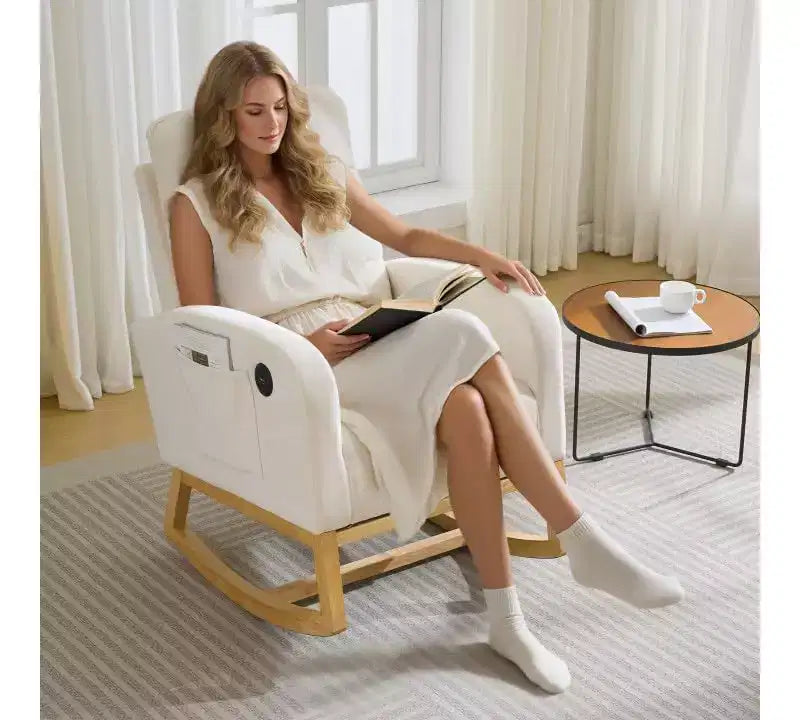 Sillón mecedora tapizado moderno para guardería, sillón planeador de bucle con respaldo alto, sillón mecedora con apoyabrazos, para sala de estar, beige