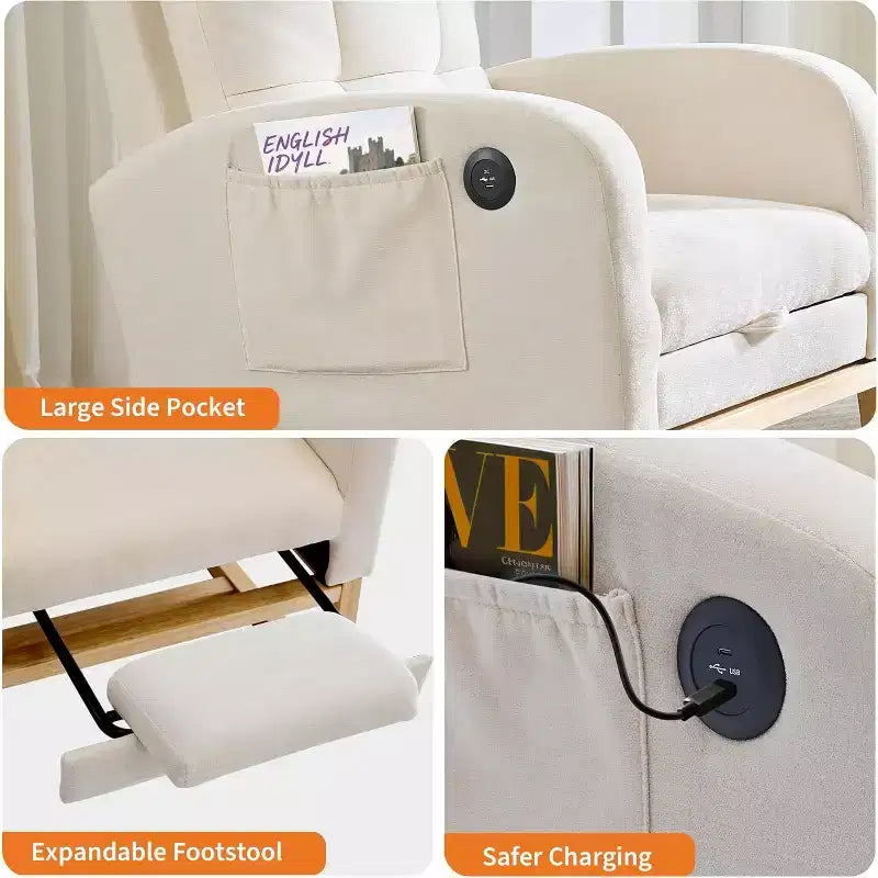 Sillón mecedora tapizado moderno para guardería, sillón planeador de bucle con respaldo alto, sillón mecedora con apoyabrazos, para sala de estar, beige