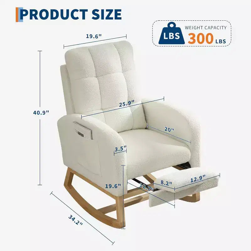 Sillón mecedora tapizado moderno para guardería, sillón planeador de bucle con respaldo alto, sillón mecedora con apoyabrazos, para sala de estar, beige