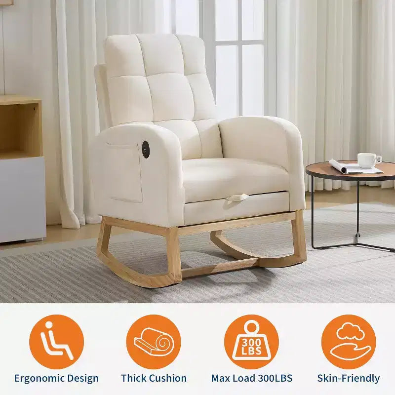 Sillón mecedora tapizado moderno para guardería, sillón planeador de bucle con respaldo alto, sillón mecedora con apoyabrazos, para sala de estar, beige