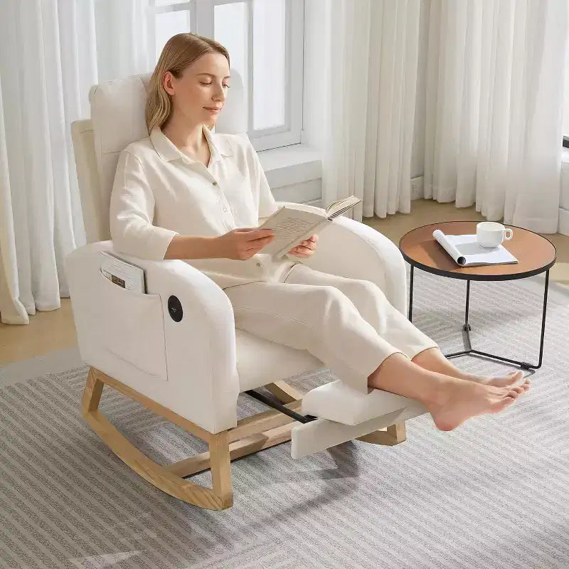 Sillón mecedora tapizado moderno para guardería, sillón planeador de bucle con respaldo alto, sillón mecedora con apoyabrazos, para sala de estar, beige