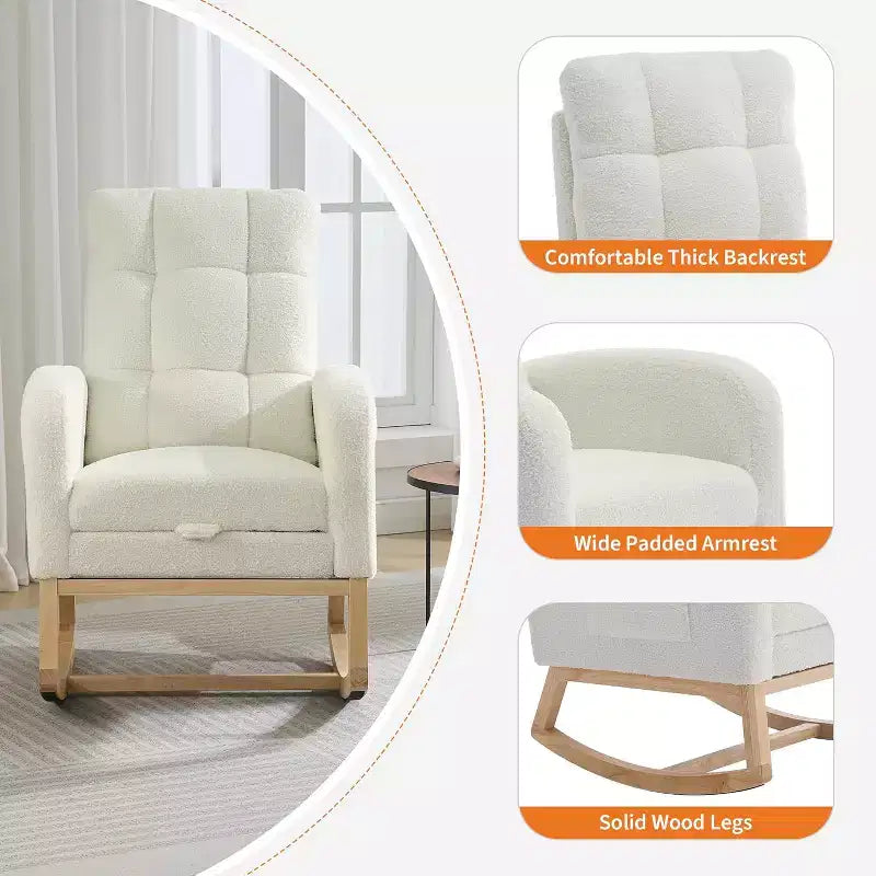 Sillón mecedora tapizado moderno para guardería, sillón planeador de bucle con respaldo alto, sillón mecedora con apoyabrazos, para sala de estar, beige