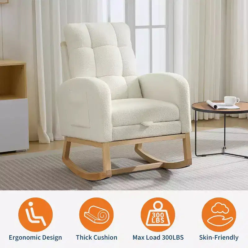 Sillón mecedora tapizado moderno para guardería, sillón planeador de bucle con respaldo alto, sillón mecedora con apoyabrazos, para sala de estar, beige