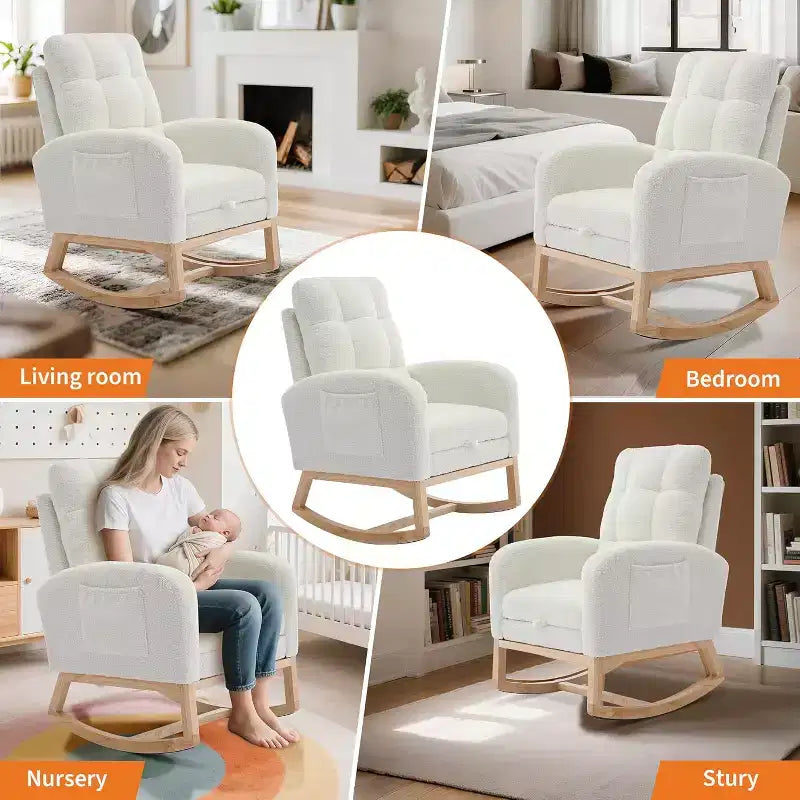 Sillón mecedora tapizado moderno para guardería, sillón planeador de bucle con respaldo alto, sillón mecedora con apoyabrazos, para sala de estar, beige