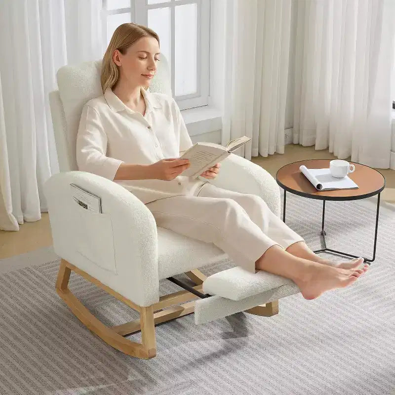Sillón mecedora tapizado moderno para guardería, sillón planeador de bucle con respaldo alto, sillón mecedora con apoyabrazos, para sala de estar, beige