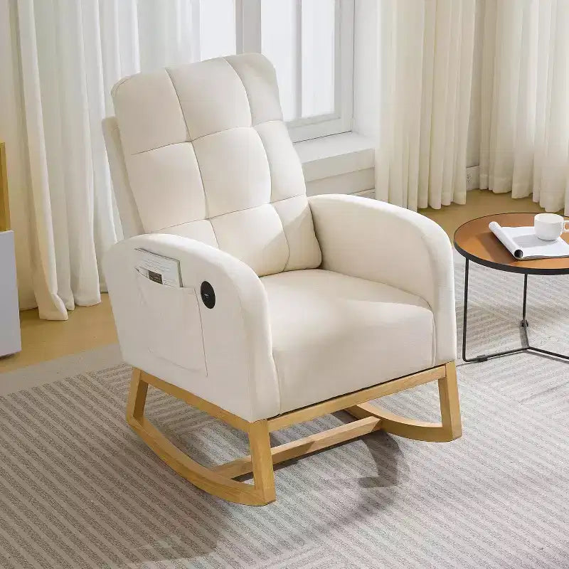 Sillón mecedora tapizado moderno para guardería, sillón planeador de bucle con respaldo alto, sillón mecedora con apoyabrazos, para sala de estar, beige