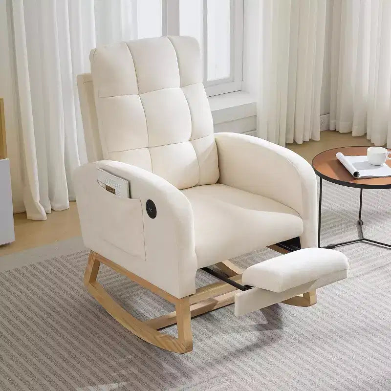Sillón mecedora tapizado moderno para guardería, sillón planeador de bucle con respaldo alto, sillón mecedora con apoyabrazos, para sala de estar, beige