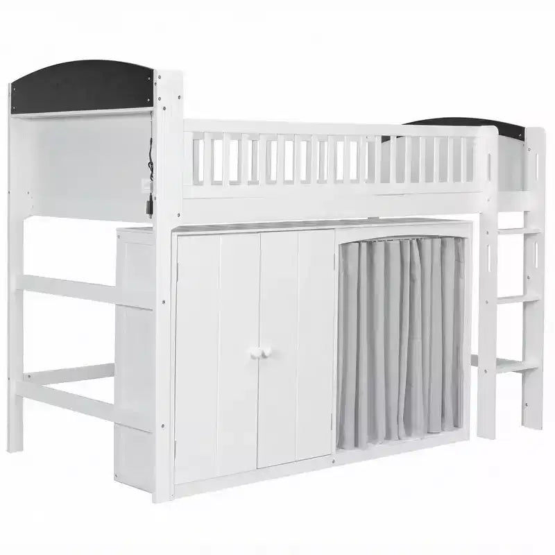 Cama alta individual/matrimonial con cabecero LED, armario y gabinete de almacenamiento de doble puerta