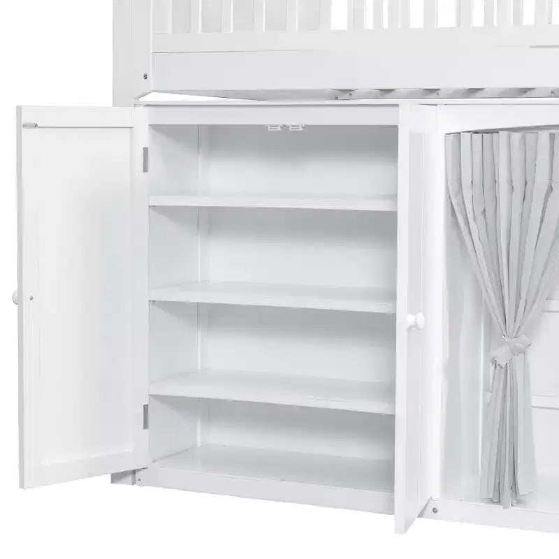 Cama alta individual/matrimonial con cabecero LED, armario y gabinete de almacenamiento de doble puerta
