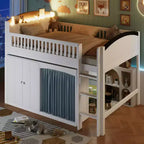 Polibi Full/Twin Loft Bed with LED Headboard, Wardrobe & Double-Door Storage Cabinet