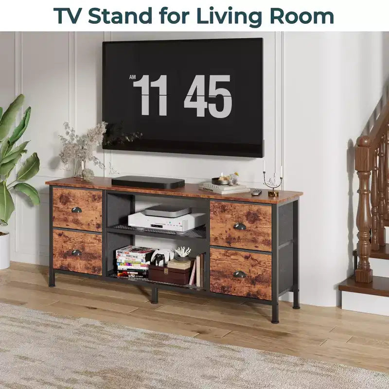 Mueble de TV de 55 pulgadas marrón con 4 cajones para televisores de hasta 60 pulgadas, consola multimedia, centro de entretenimiento, estantes abiertos, almacenamiento para dormitorio o sala de estar