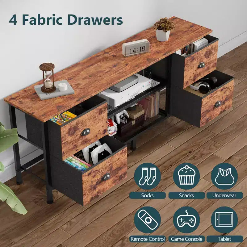 Mueble de TV de 55 pulgadas marrón con 4 cajones para televisores de hasta 60 pulgadas, consola multimedia, centro de entretenimiento, estantes abiertos, almacenamiento para dormitorio o sala de estar