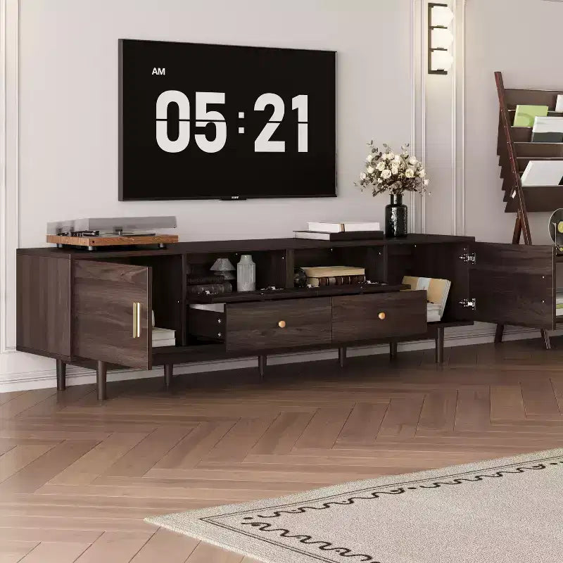 Moderno mueble de TV de madera de 76" con cajones y armario de almacenamiento de ratán