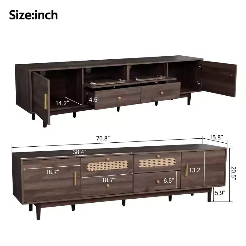 Moderno mueble de TV de madera de 76" con cajones y armario de almacenamiento de ratán