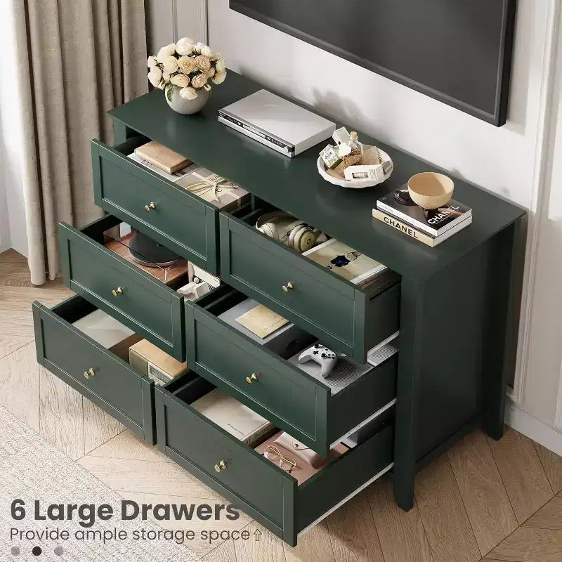 Cómoda de madera negra grande y moderna de 6 cajones, cajones profundos y tiradores metálicos para dormitorio, entrada, pasillo