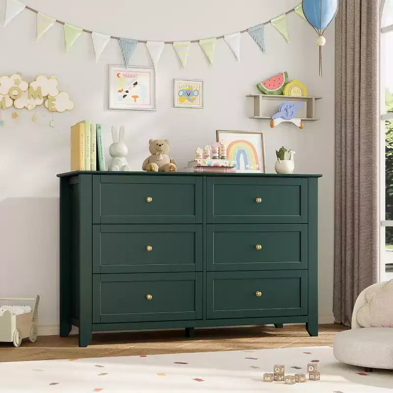 Cómoda de madera negra grande y moderna de 6 cajones, cajones profundos y tiradores metálicos para dormitorio, entrada, pasillo