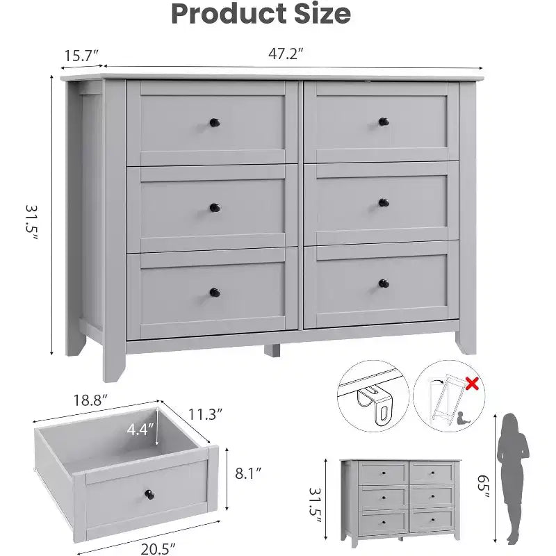 Cómoda de madera negra grande y moderna de 6 cajones, cajones profundos y tiradores metálicos para dormitorio, entrada, pasillo