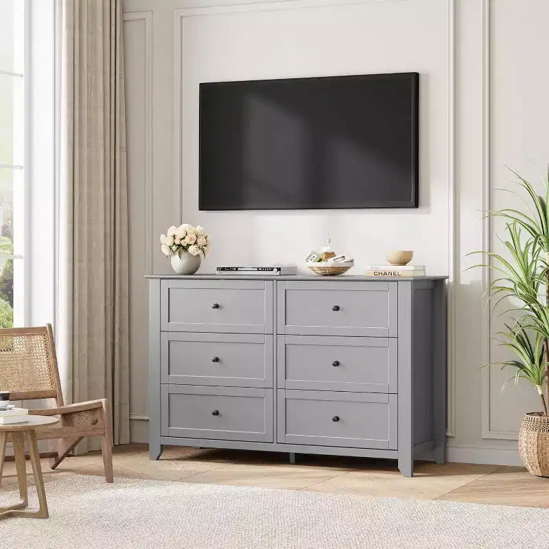 Cómoda de madera negra grande y moderna de 6 cajones, cajones profundos y tiradores metálicos para dormitorio, entrada, pasillo