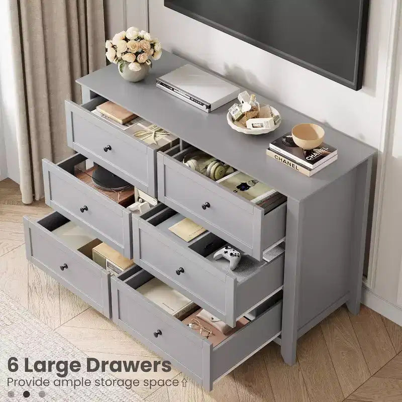 Cómoda de madera negra grande y moderna de 6 cajones, cajones profundos y tiradores metálicos para dormitorio, entrada, pasillo