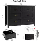 Cómoda de madera negra grande y moderna de 6 cajones, cajones profundos y tiradores metálicos para dormitorio, entrada, pasillo