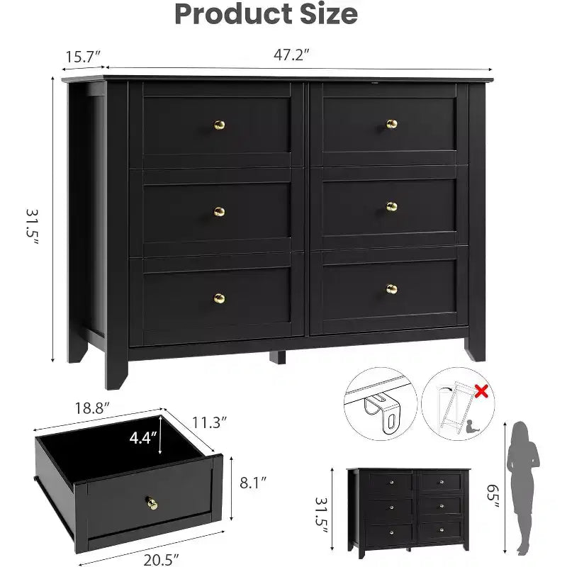 Cómoda de madera negra grande y moderna de 6 cajones, cajones profundos y tiradores metálicos para dormitorio, entrada, pasillo
