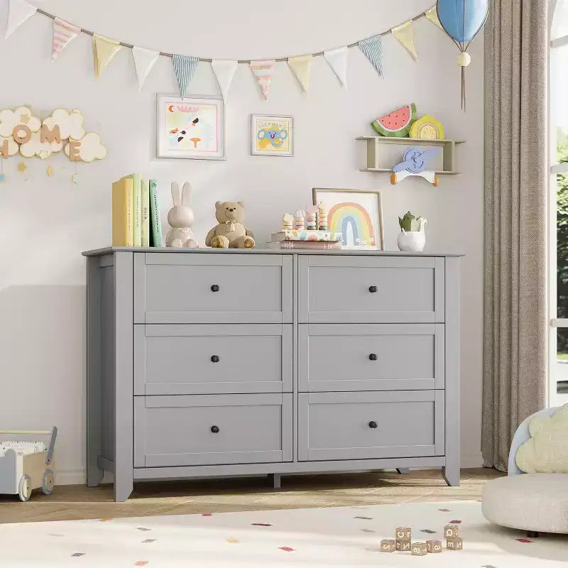 Cómoda de madera negra grande y moderna de 6 cajones, cajones profundos y tiradores metálicos para dormitorio, entrada, pasillo
