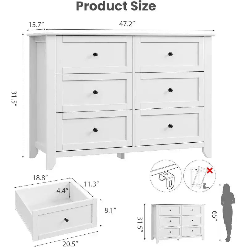 Cómoda de madera negra grande y moderna de 6 cajones, cajones profundos y tiradores metálicos para dormitorio, entrada, pasillo