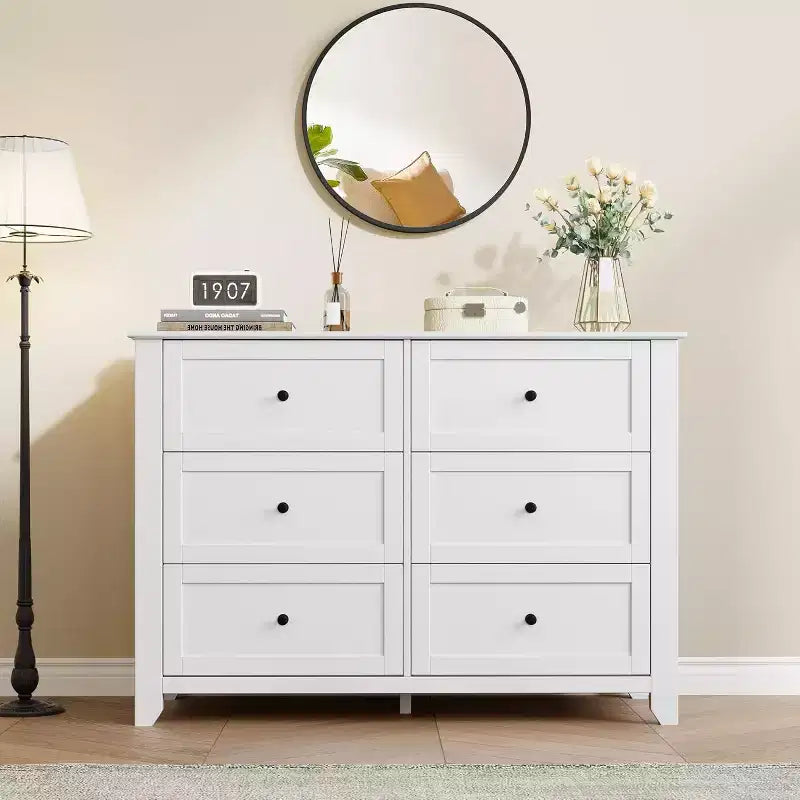 Cómoda de madera negra grande y moderna de 6 cajones, cajones profundos y tiradores metálicos para dormitorio, entrada, pasillo