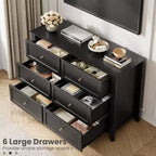 Cómoda de madera negra grande y moderna de 6 cajones, cajones profundos y tiradores metálicos para dormitorio, entrada, pasillo