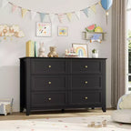 Cómoda de madera negra grande y moderna de 6 cajones, cajones profundos y tiradores metálicos para dormitorio, entrada, pasillo