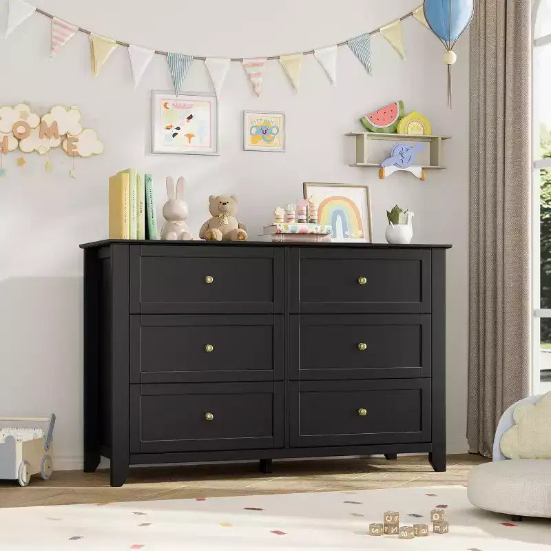 Cómoda de madera negra grande y moderna de 6 cajones, cajones profundos y tiradores metálicos para dormitorio, entrada, pasillo