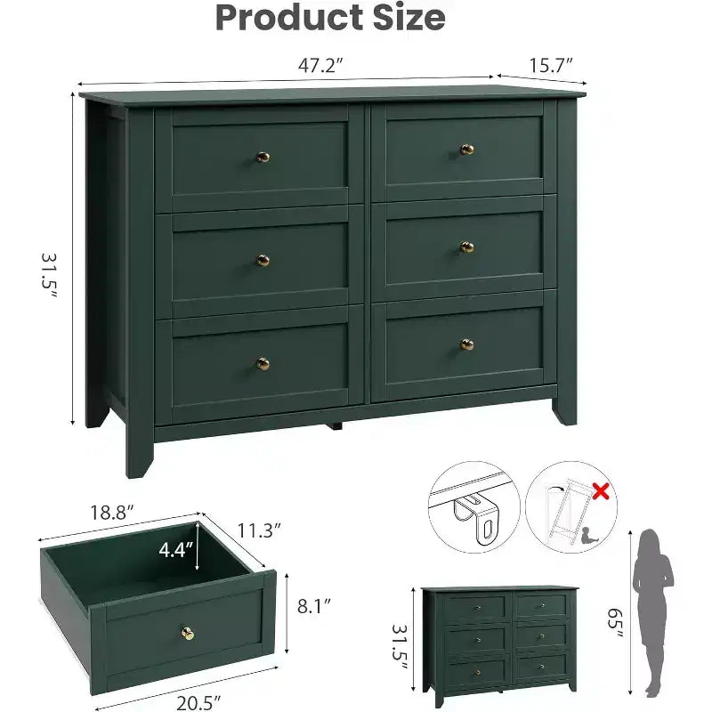Cómoda de madera negra grande y moderna de 6 cajones, cajones profundos y tiradores metálicos para dormitorio, entrada, pasillo
