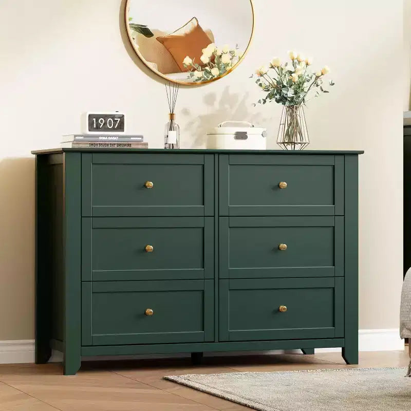 Cómoda de madera negra grande y moderna de 6 cajones, cajones profundos y tiradores metálicos para dormitorio, entrada, pasillo